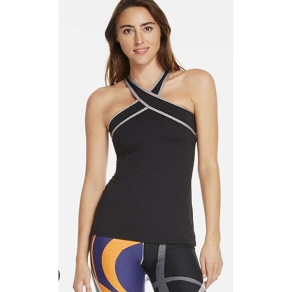 NWT Fabletics Chicago Top Tank Black Fog/Gray Womens XS Halter Built in Bra - Picture 1 of 10